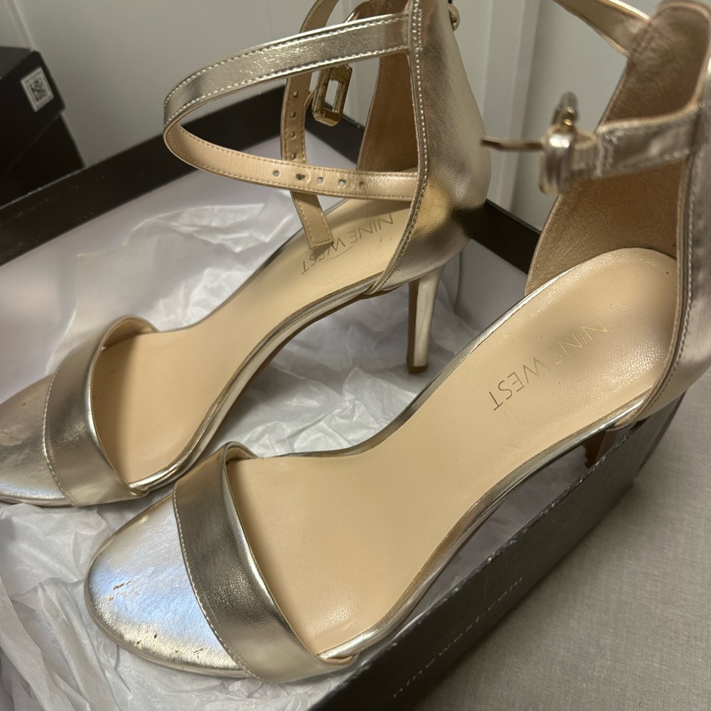 Nine West Gold Metallic Strappy Mid-Heel Sandals